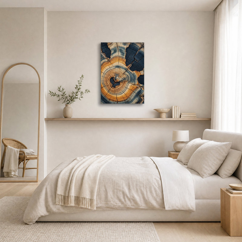 Tableau sur toile avec anneaux de bois carbonisé bleu foncé et orange, H 24 po x l 16 po
