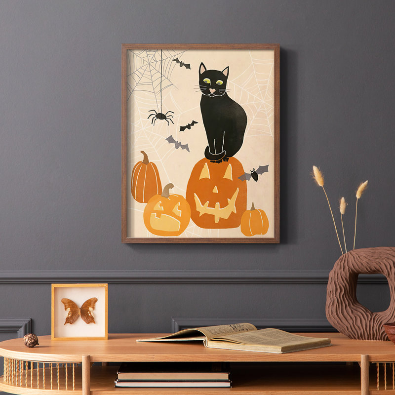 «Pumpkin Patch Cats II», reproduction encadrée - bois massif, Cadre photo brun simple, H 14 po x l 11 po