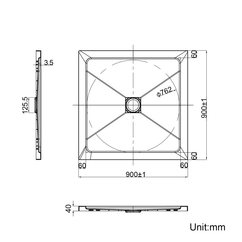 Caleigha W D Shower Tray, 4cm H x 90cm W x 90cm D