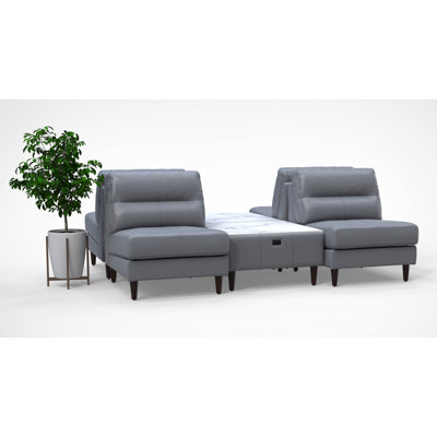 4 Person Waiting Room Reception Chairs with Charging Tables Set 100% Genuine Leather 6pc Set Color Gray