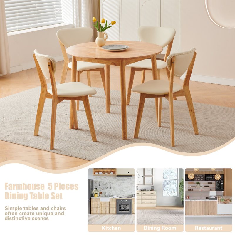 5 -Person Rubberwood Solid Wood Dining Set, White