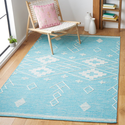 Tapis bleu sarcelle / ivoire tissé à plat à la main Holtby Southwestern