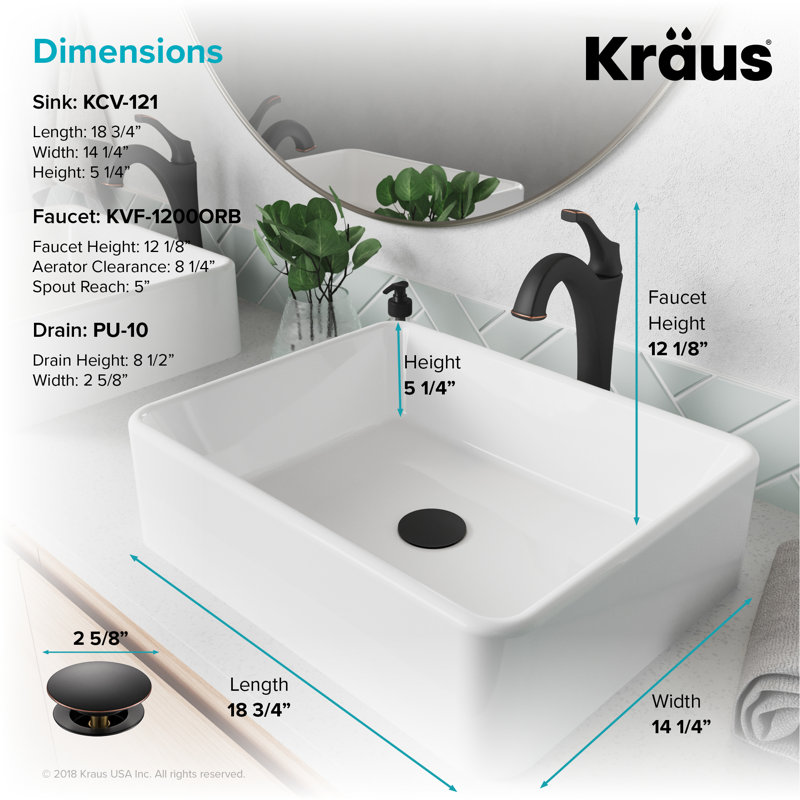 KRAUS Elavo Square White Porcelain Ceramic Bathroom Vessel Sink and Faucet Combo with Pop-Up Drain, Oil Rubbed Bronze