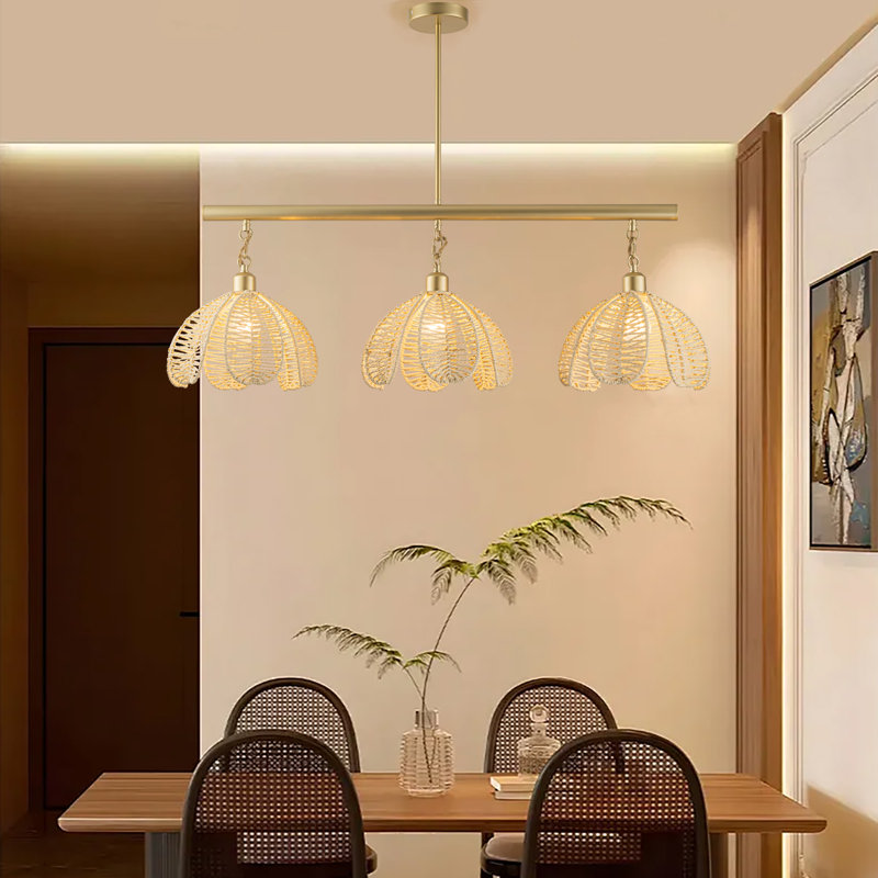 Ambrus 3-Light Handwoven Rattan Floral Linear Pendant, Coastal Cottage Kitchen Island Light