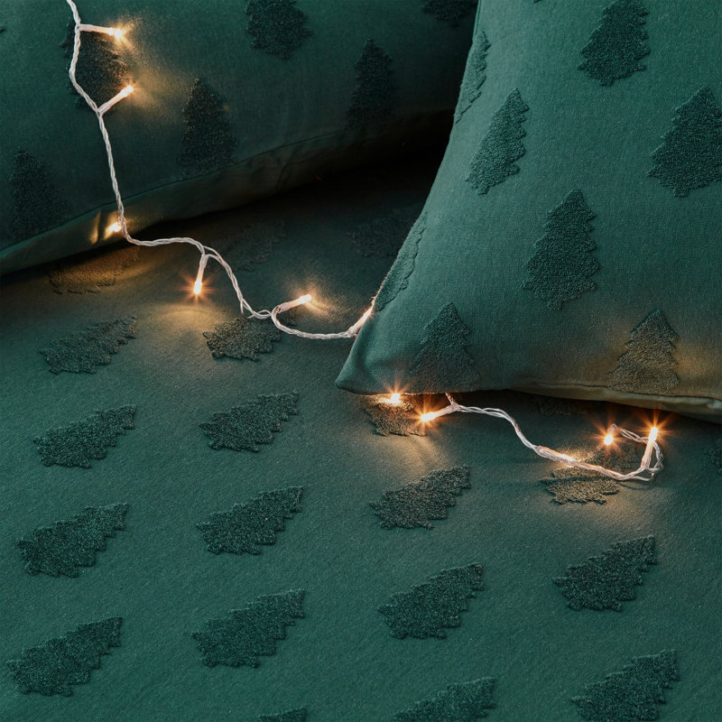Tufted Tree Cotton Floral Duvet Cover Set with Pillowcases Included, Super King - 2 Standard Pillowcases, Pine Green