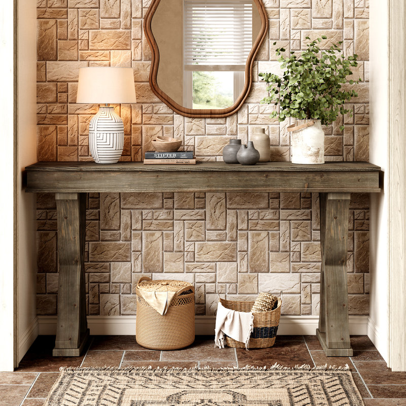 63-inch Solid Wood Console Table, Farmhouse Narrow Entryway Table With X-shaped Legs, Long Sofa Table, Washed Brown