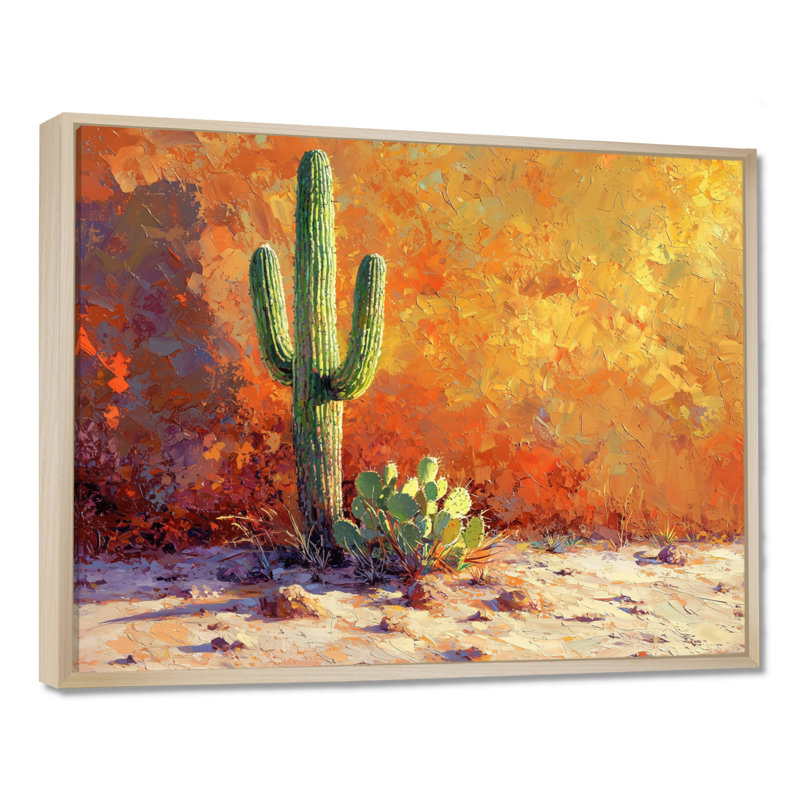 Saguaro dans la lumière dorée I - cactus, art mural sur toile, H 24 po x l 32 po, Cadre flottant, Naturel