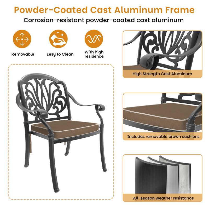 Lot de 2 chaises empilables d'extérieur avec accoudoirs, coussins bruns et structure en aluminium moulé.