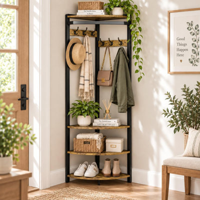 Portant de coin à vêtements avec étagères de rangement à 4 niveaux, brun et noir