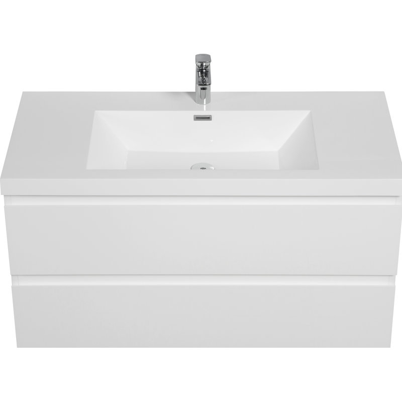Meuble-lavabo mural de 42 po avec lavabo, meuble-lavabo mural moderne avec lavabo en résine et tiroirs à fermeture en douceur, blanc brillant