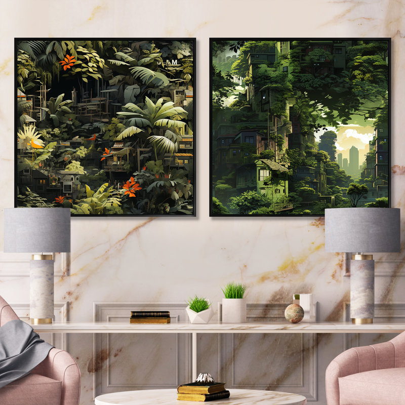 Brundage - Ensemble de 2 collages carrés tropicaux, Cadre flottant noir, H 16 po x l 33 po