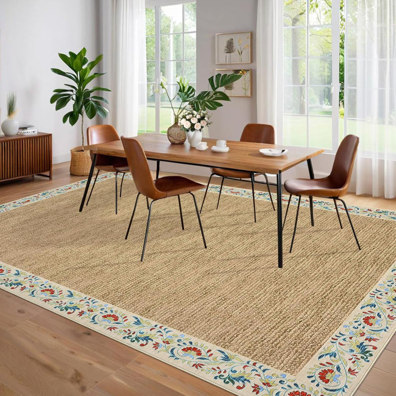 Floral Bordered Kitchen Rug – Minimalist, Non-Slip, Washable Runner for Hallways, Entryway, Bedroom, Rectangle 8' x 10'