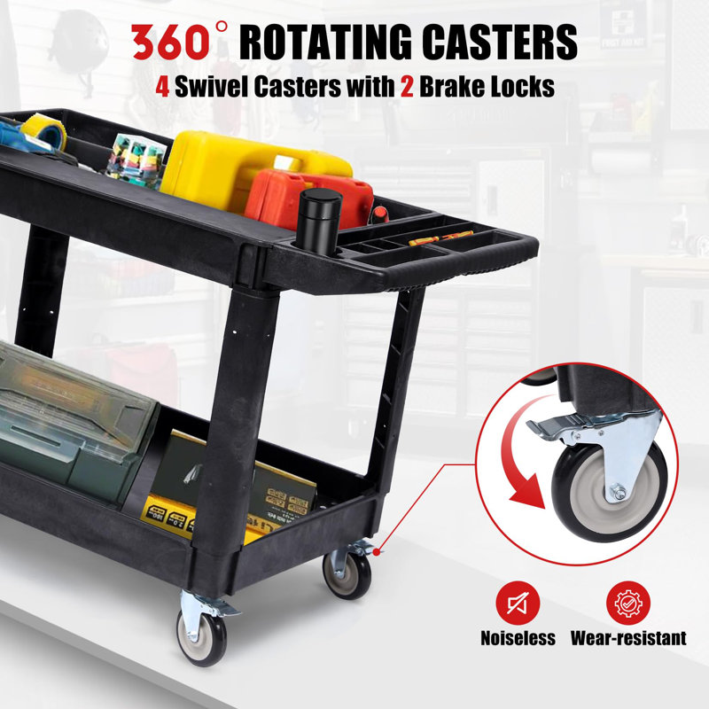Chariot utilitaire robuste avec 2 grandes tablettes rabattables, poignée de rangement ergonomique, Gris