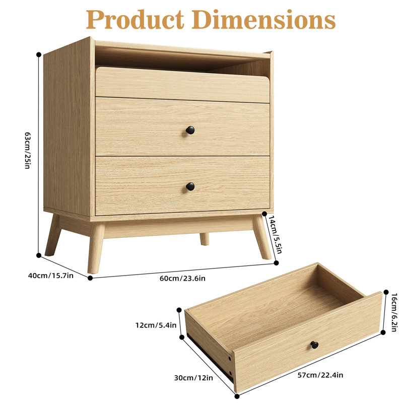 3 - Drawer Nightstand, 24“ W Wood Bedside Table With Built-In Outlets And Solid Wood Legs(Set Of 2), Ntuatral Wood, Set of 2