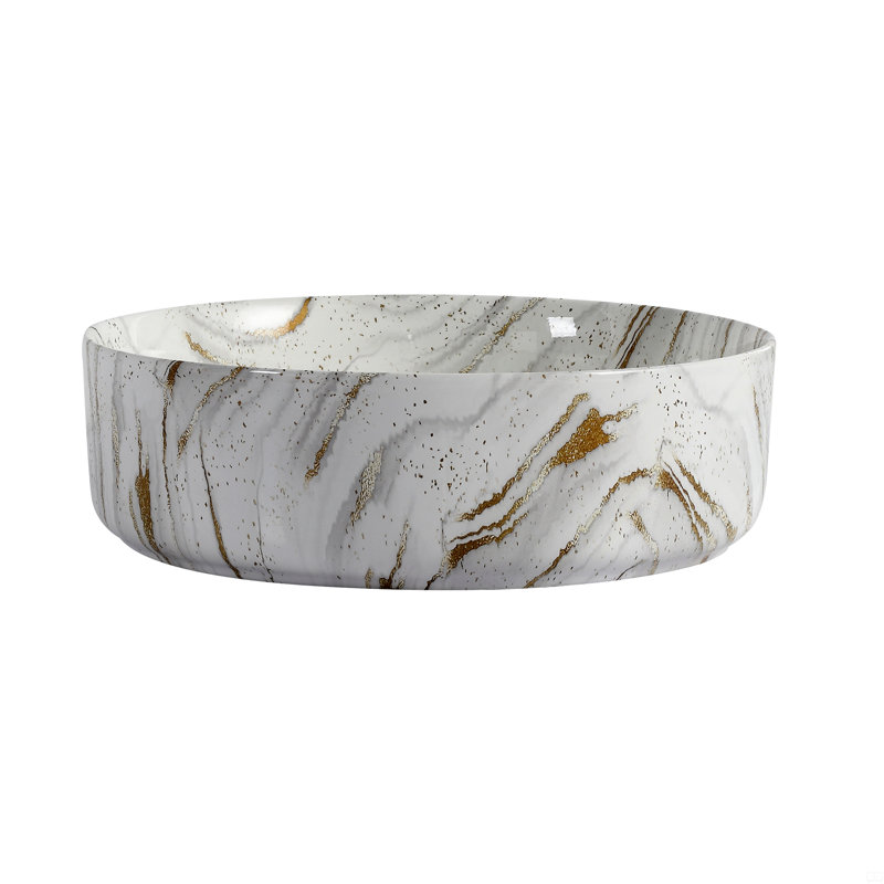 Ceramic Round Above Counter Bathroom Sink Art Basin, White Background With Golden Lines (BAA0014012PP)