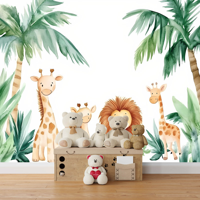 Murale animaux de la jungle safari - Adorable caricature de girafes et de lion avec palmiers, papier peint pour chambre d'enfant et salle de jeux