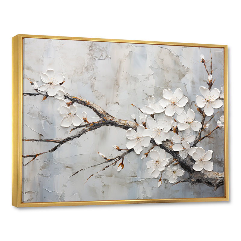 Minimalisme blanc et gris cerisier en fleurs - art mural cerisier en fleurs pour le salon, H 34 po x l 44 po x P 1,5 po