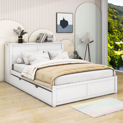 Lit plateforme en bois Blome avec tablettes coulissantes et lit gigogne