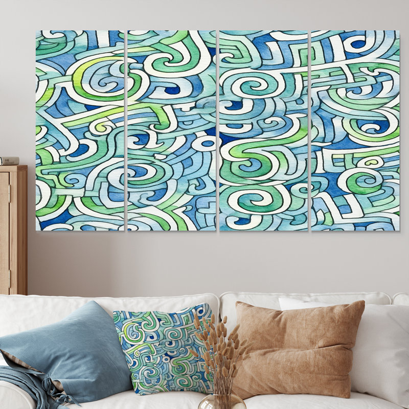 Abstrait vagues géométriques vert bleu - Ensemble de décorations murales vagues abstraites modernes, 32" H x 64" W