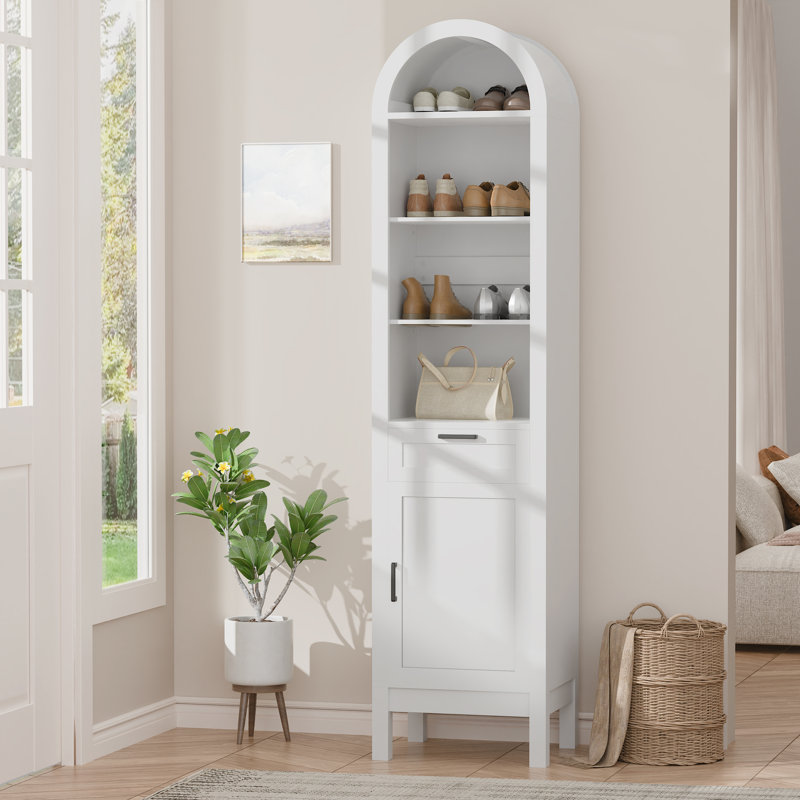 Bibliothèque arquée 70 "avec tiroir et armoire, bibliothèque haute à 6 niveaux avec tablette réglable et rangement ouvert, bibliothèque moderne en bois pour le salon ou le bureau (blanc)