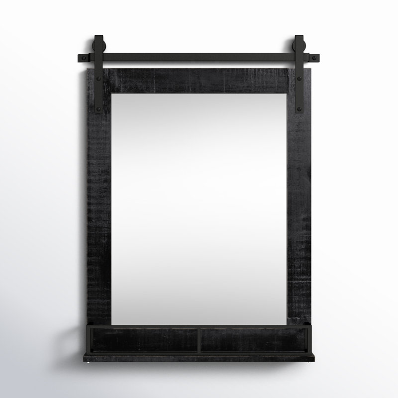 Black Wood Rectangular Barn Door Mirror with Shelf