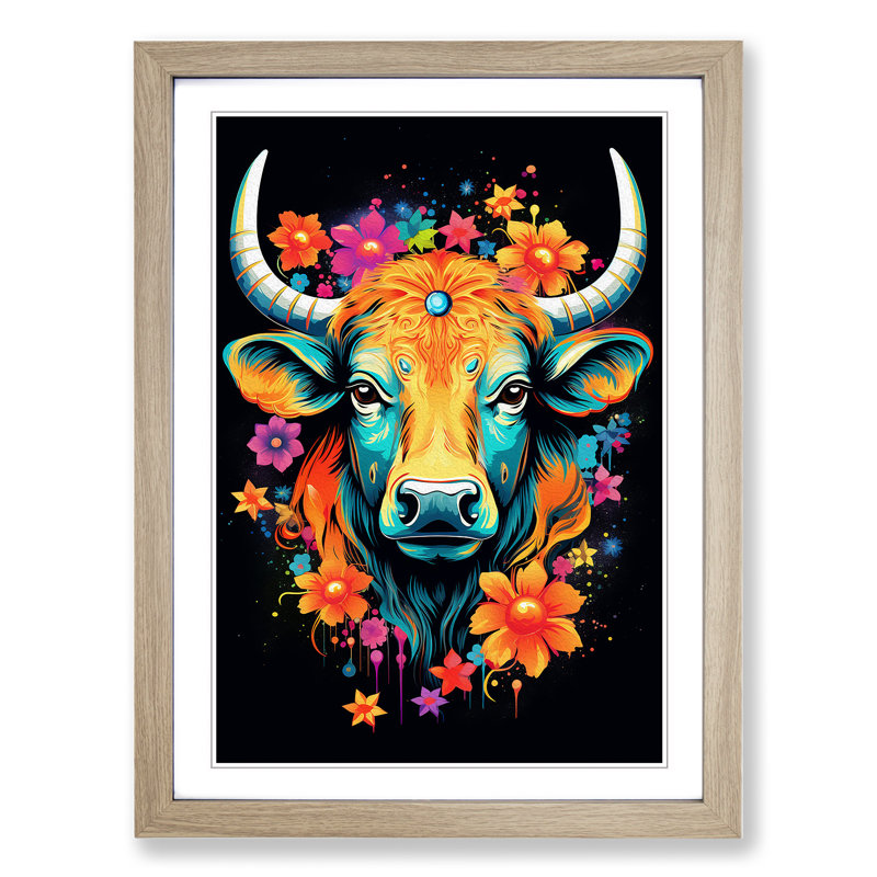 XYZ-FRM-V1223-1613 Taurus Zodiac Pop No.2 - Single Picture Frame Print on Wood, Oak , 46cm H x 34cm W x 2cm D