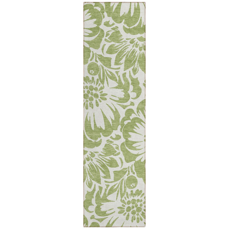 8' Runner Green and Ivory Floral Washable Non Skid Indoor Outdoor Runner Rug