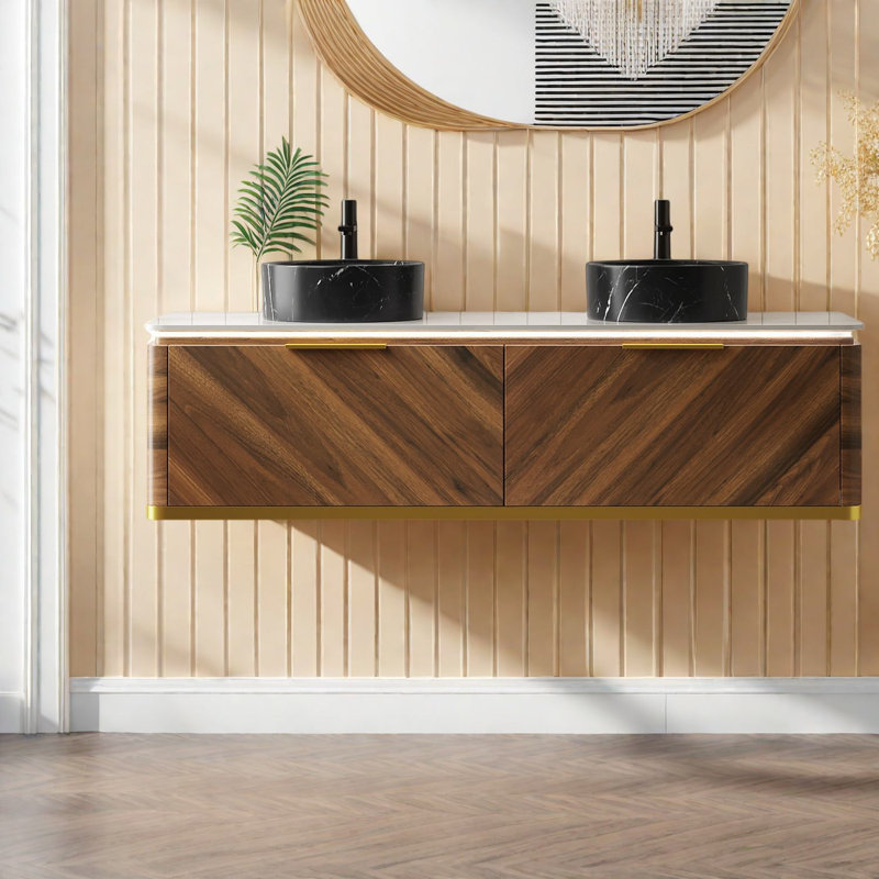 Meuble-lavabo moderne 60 "avec évier avec rangement spacieux, contreplaqué noyer foncé