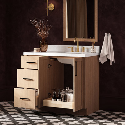   Kayleigh 42 Inch Right Offset Single Rectangle Sink Bathroom Vanity with Carrara White Quartz Countertop 1.5 Inch in Natural Oak
