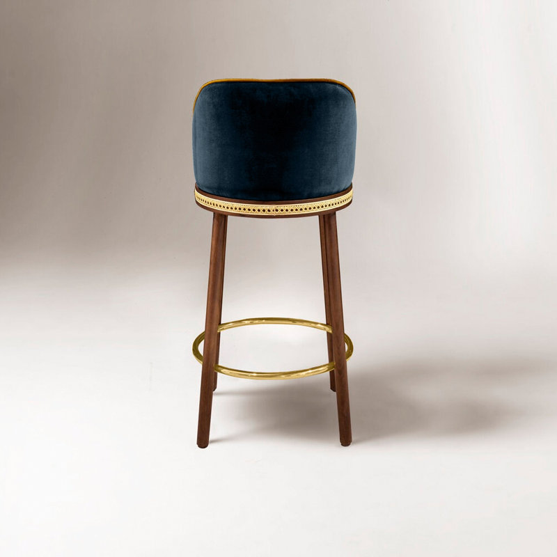 Alma Upholstered Stool with Solid Wood Frame, Bar Stool (30" Seat Height), Satin Brass, Mediterranee
