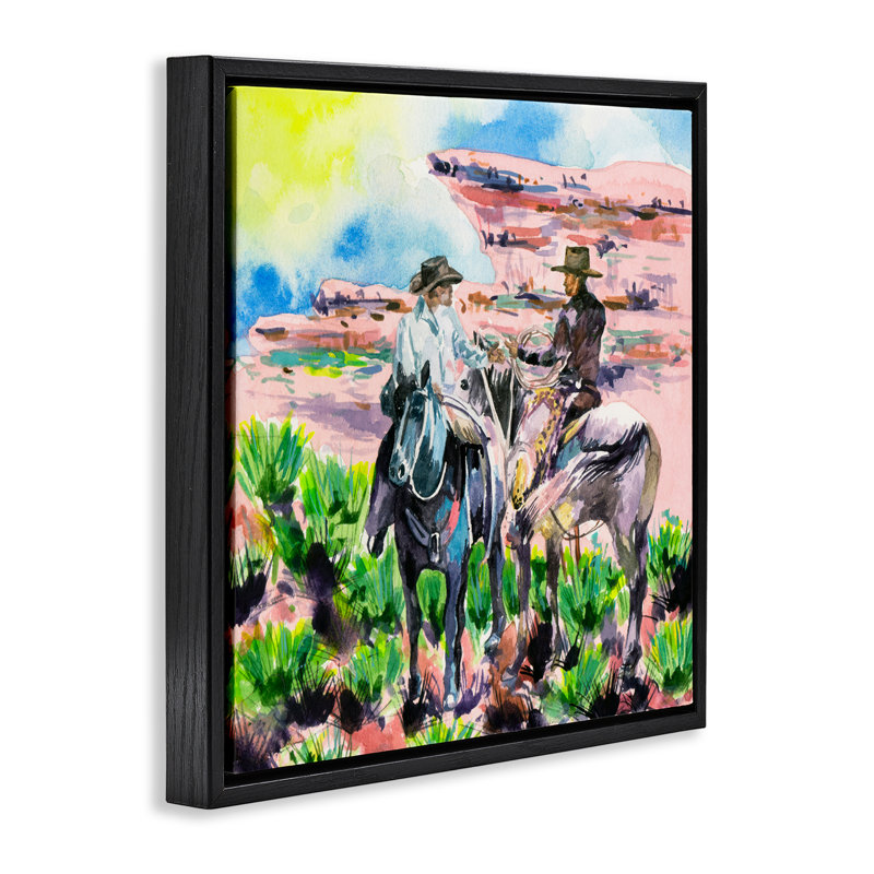 «Sunny Canyon Cowboys», art mural sur toile flottant gris par Melissa Wang, Cadre flottant noir de jais, H 18 po x l 18 po