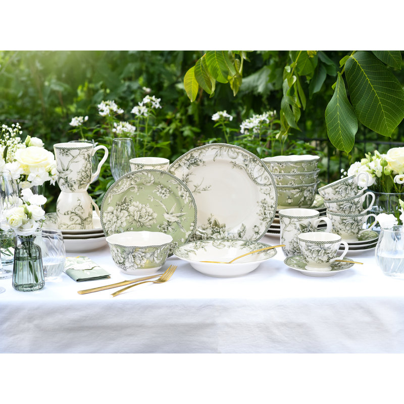 Adelaide Piece Porcelain China Dinnerware Set - Service for 4, White/Green