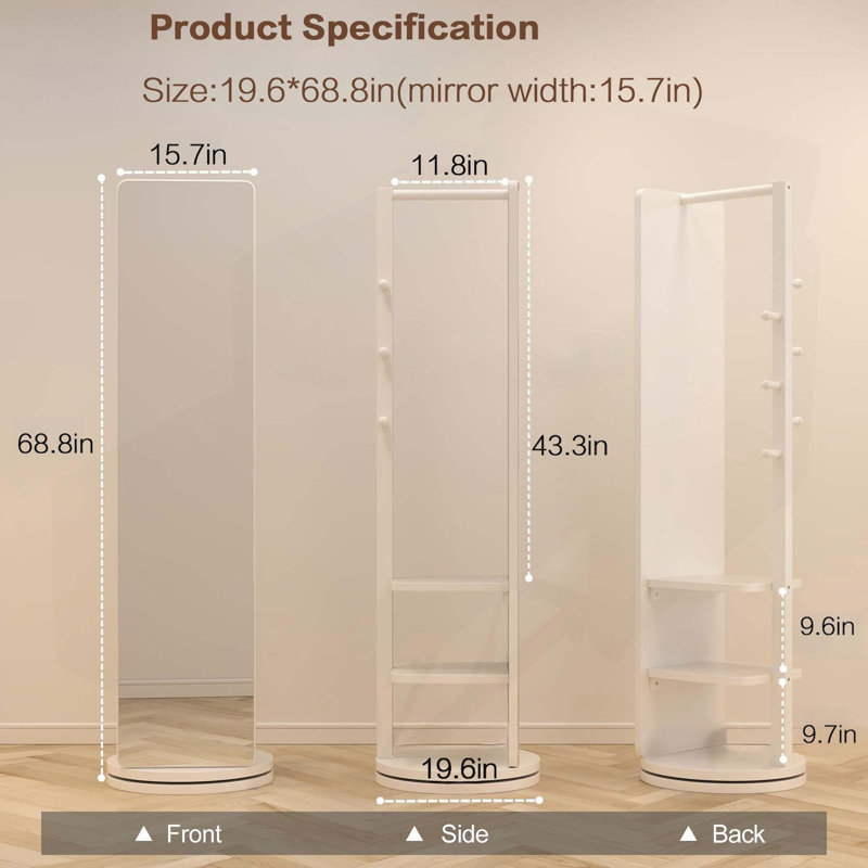 Versatile Full-Length Mirror with Integrated Hanger for Home Spaces, White, 68.8" x 19.69"