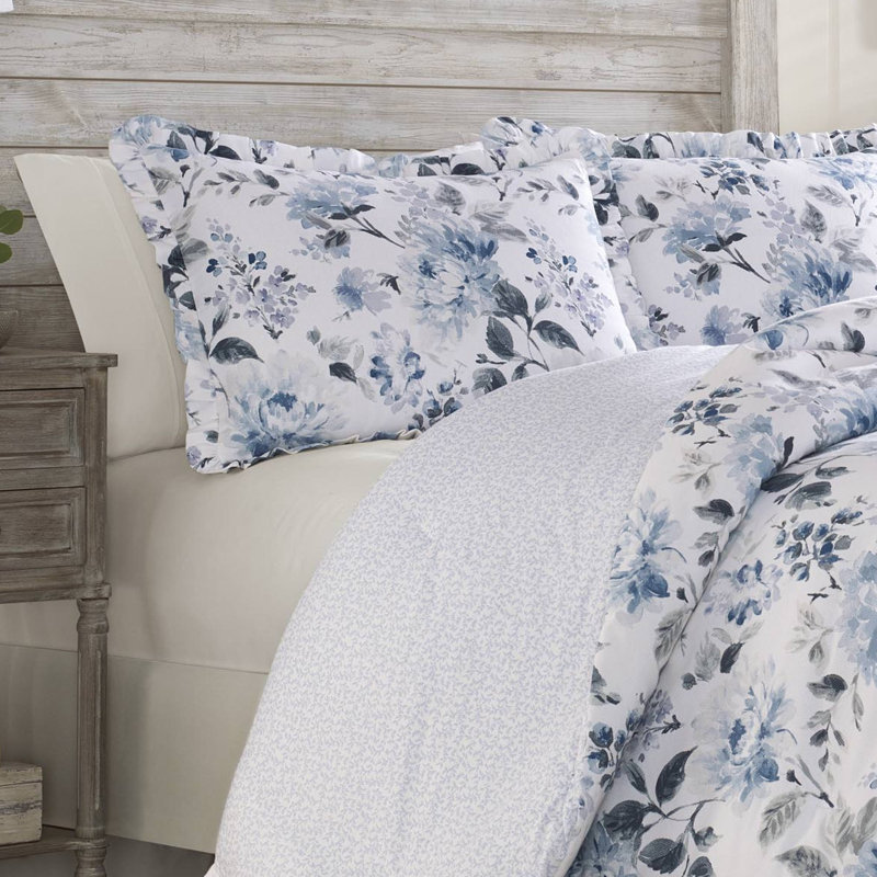 Laura Ashley Chloe Blue Cotton Comforter Set, Twin Comforter + 1 Sham