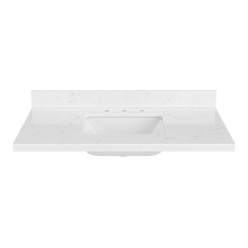 Comptoir de meuble-lavabo en quartz blanc Carrara de 42 po Ariel avec rebord à onglet de 1,5 po d'épaisseur avec lavabo simple rectangulaire à gauche et dosseret inclus
