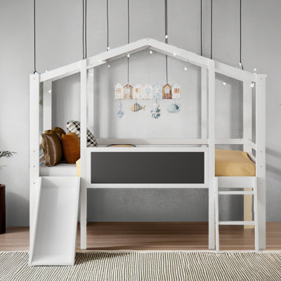 Twin Size Loft Bed With Ladder And Slide, House Bed With Blackboard And Light Strip On The Roof