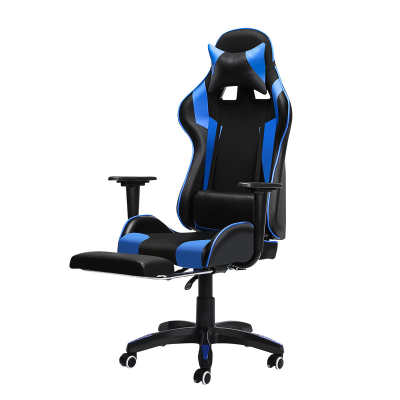 Wade Logan Adjustable Reclining Ergonomic Swiveling PC & Racing Game Chair with Footrest, Black/Blue