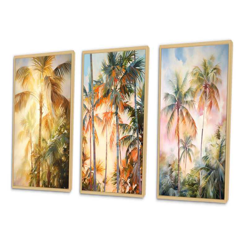 «Palm Trees Romantic Impression», 3 pièces sur toile, Cadre naturel flottant, H 20 po x l 36 po