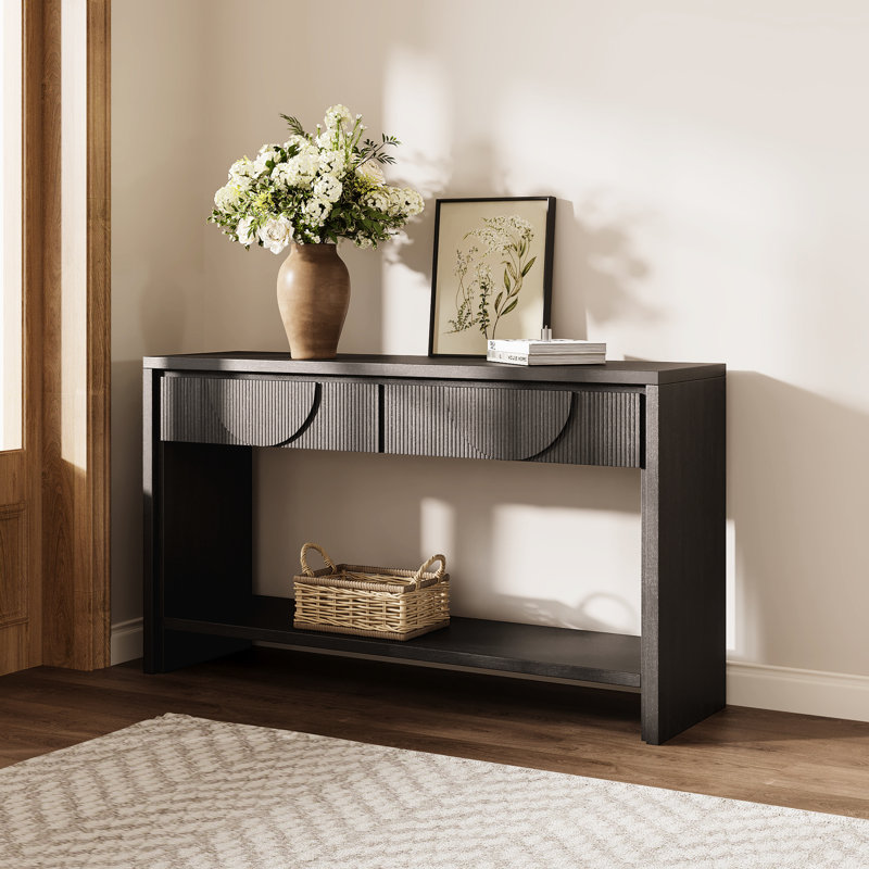 Noir, bois vieilli, table de 56,75 po, deux tiroirs, tablette ouverte, style, esthétique rétro, détails et construction sécuritaire, rangement intelligent, installation facile dans la console de la salle de lavage