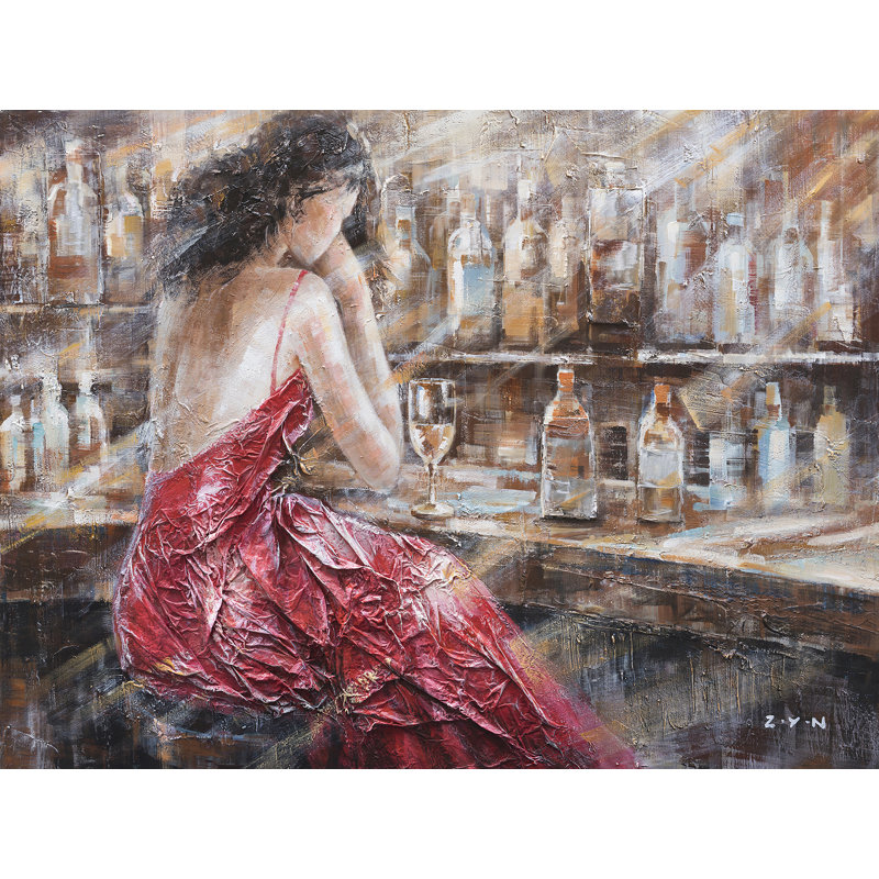 La Dame à la robe rouge - peinture sur toile tendue, H 24 po x l 36 po x P 1,5 po