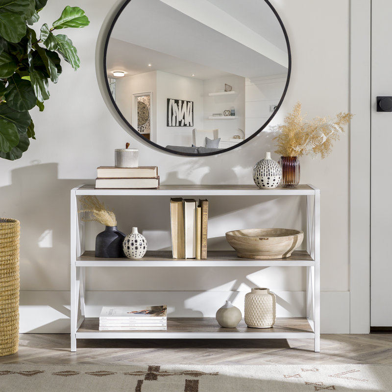 Bibliothèque étagère en métal H 26 po x l 40 po Eulas, 26 po H x 40 po L x 16 po P, Métal blanc et gris délavé