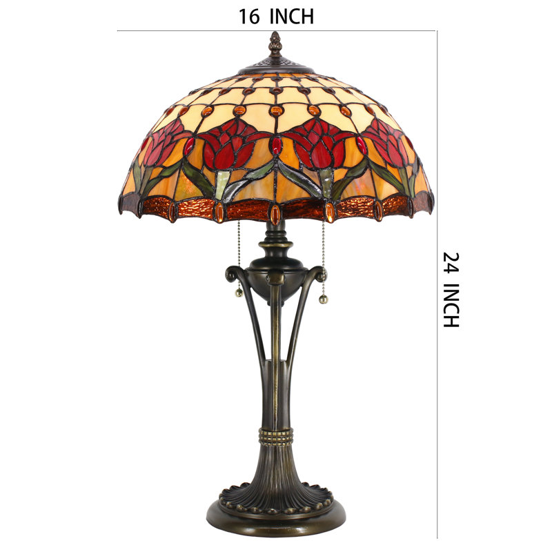 Tiffany Table Lamp Red Amber Stained Glass Desk Lamp 16X16X24 Inches Tulip Flower Style Reading Light