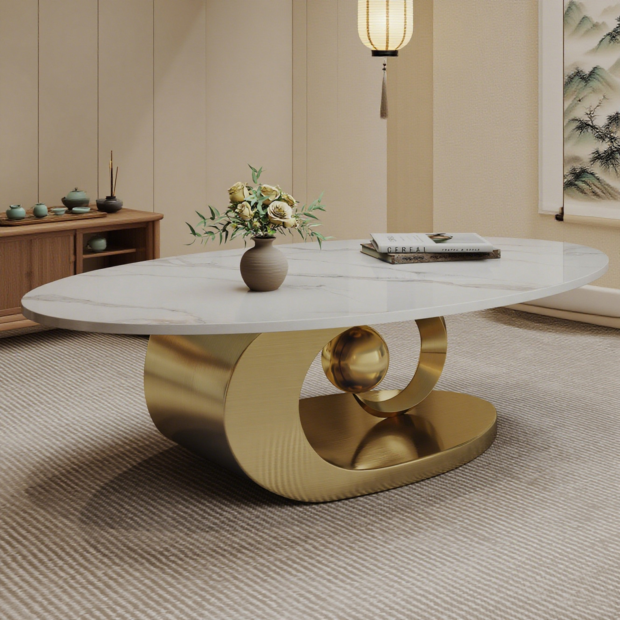 Everly Quinn Marble Coffee Table With Sculptural Stainless Steel Base ...