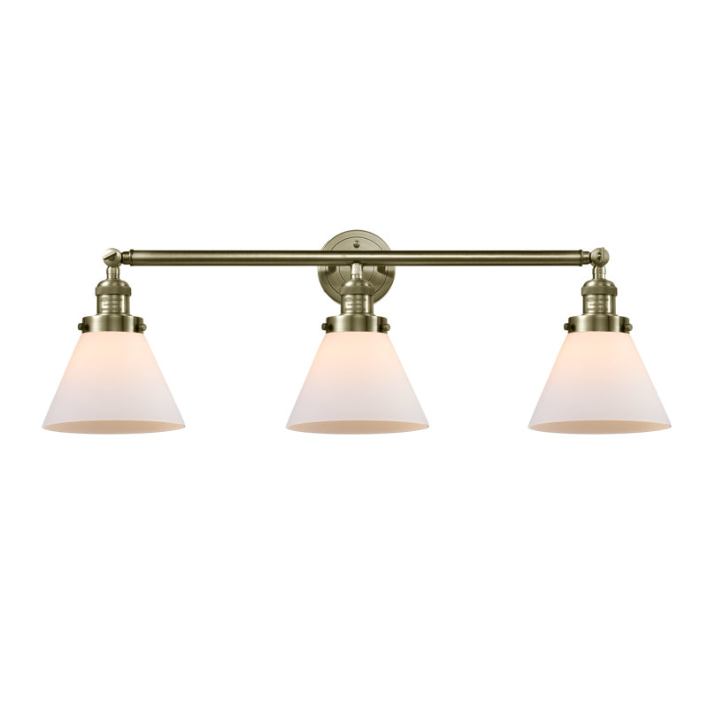 Éclairage pour meuble-lavabo de salle de bain 3 lumières Cone, Laiton antique, Blanc mat, Incandescent