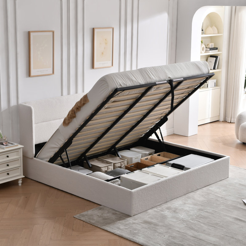 Lit plateforme tapissier avec rangement Gaillarde, Très grand, Blanc