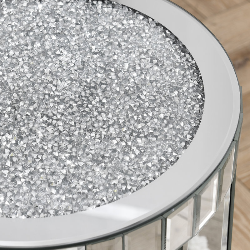 Table ronde à miroir 2 couches en argent - incrustation de cristal pour le salon, la chambre à coucher, le rangement décoratif moderne, la décoration de chambre