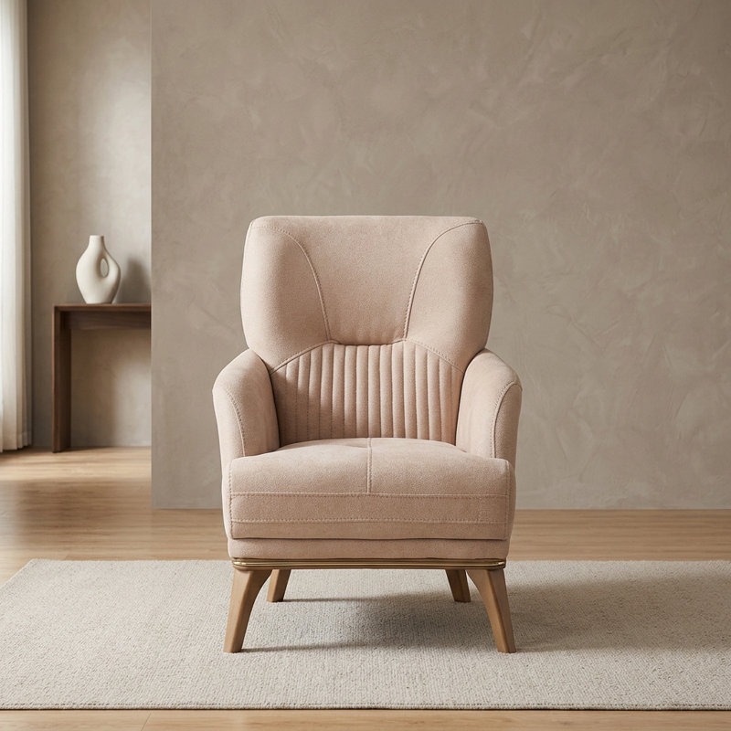 Chaise d'appoint moderne en tissu avec accoudoirs arrondis et pieds en bois, Beige