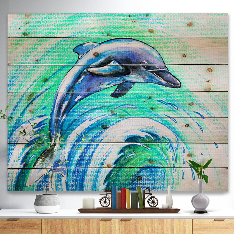 Jumping Dolphin Watercolor - Unframed Painting on Wood, 30" H x 40" W x 1" D