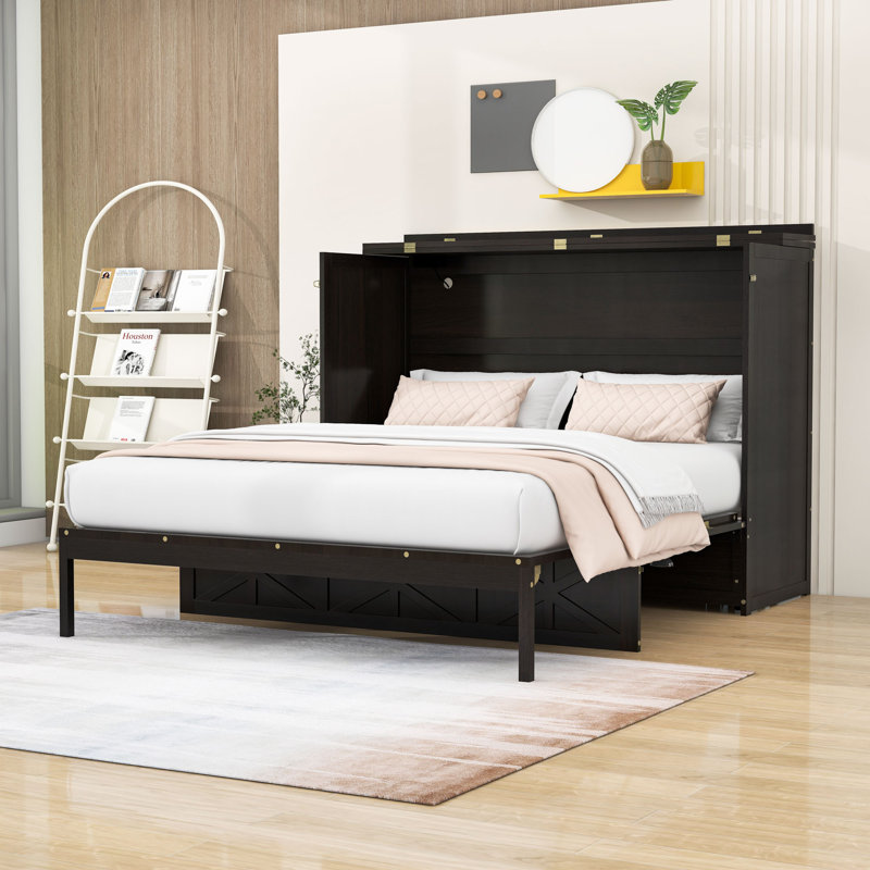 Grand lit escamotable en bois avec ports USB et tiroirs, Espresso brossé