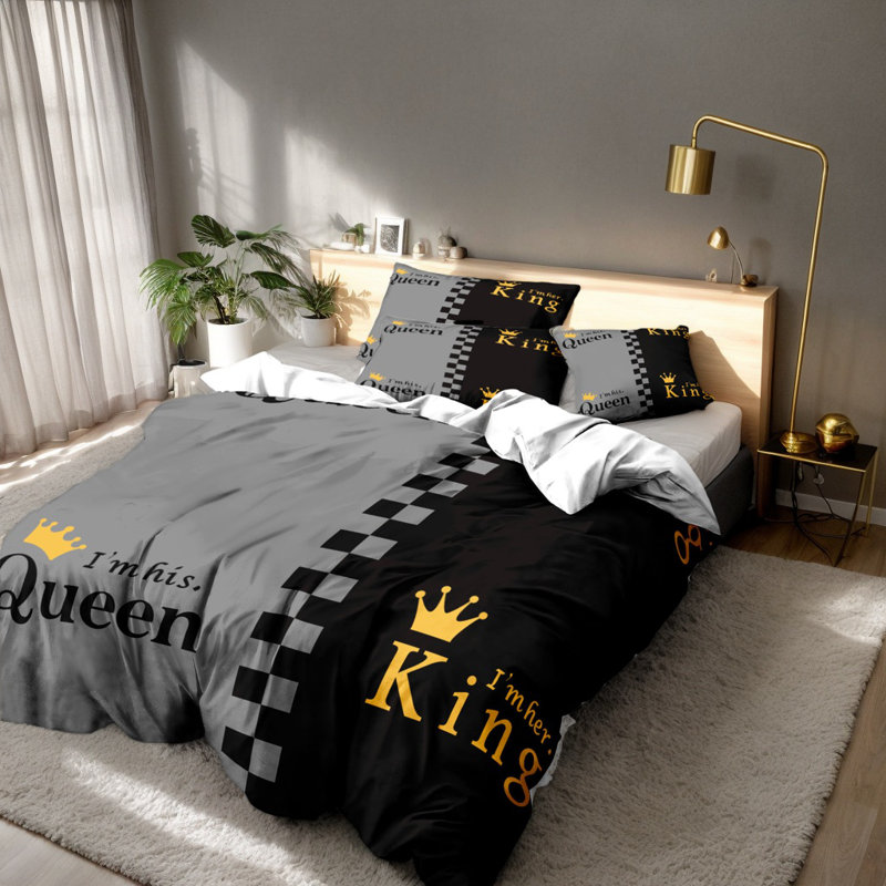 Ensemble de housse de couette en microfibre pour grand lit avec taies d'oreiller Valentine, Gris / Noir